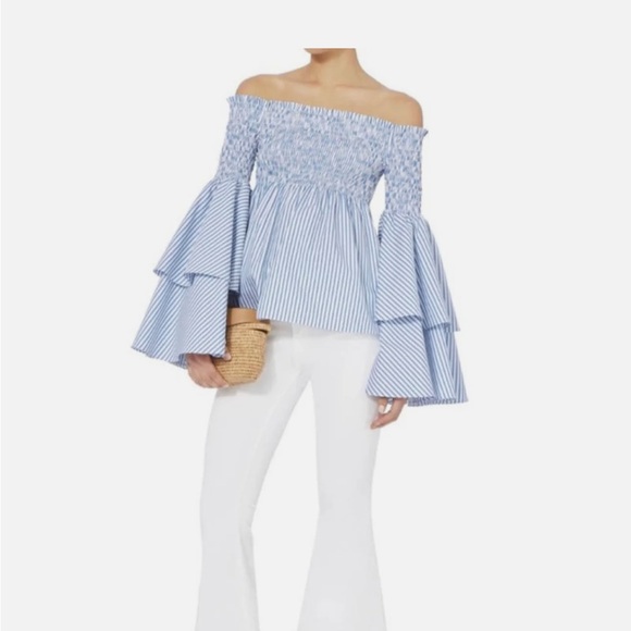 Caroline Constas Tops - Caroline Constas Blue and White Ruched Top